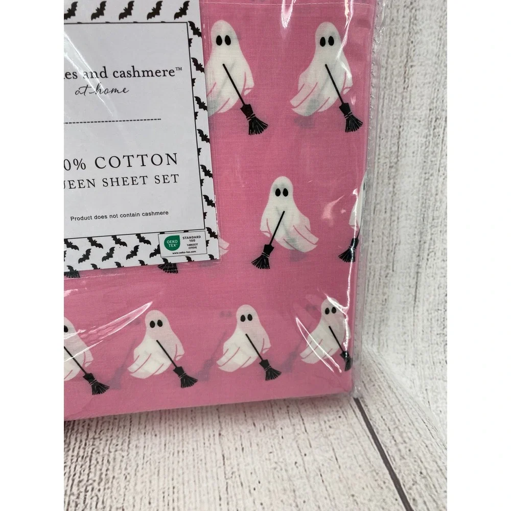 Cupcakes and Cashmere Sheet Set QUEEN Pink Ghost Halloween 100% Cotton Whimsical